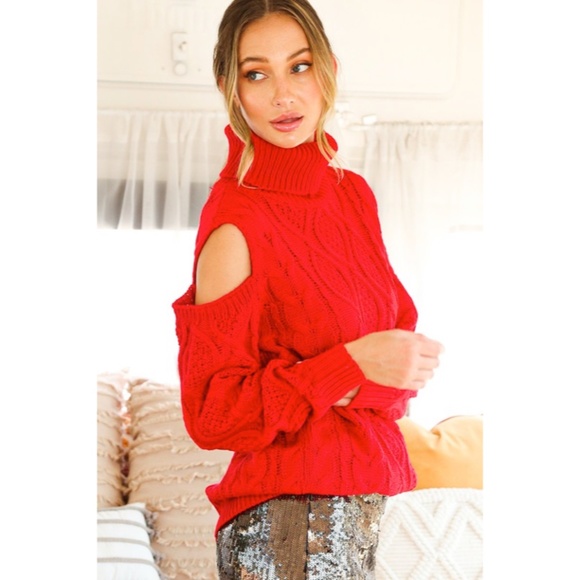 Sweaters - SOLD OUT Red Holiday Cut Out Cold Shoulder Cable Knit Turtleneck Knit Sweater